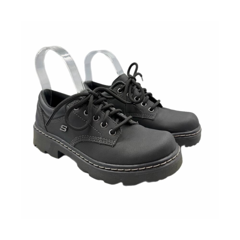 Skechers Party Mate Women's Lace Up Black Leather Chunky Comfort Casual Oxfords